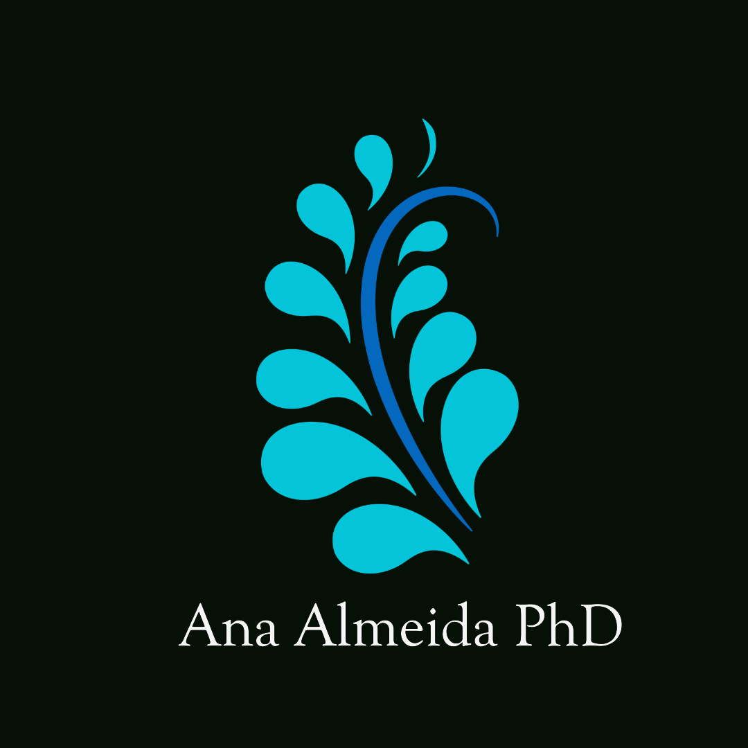 Ana Almeida PhD logo featuring an abstract water splash design in cyan and blue"